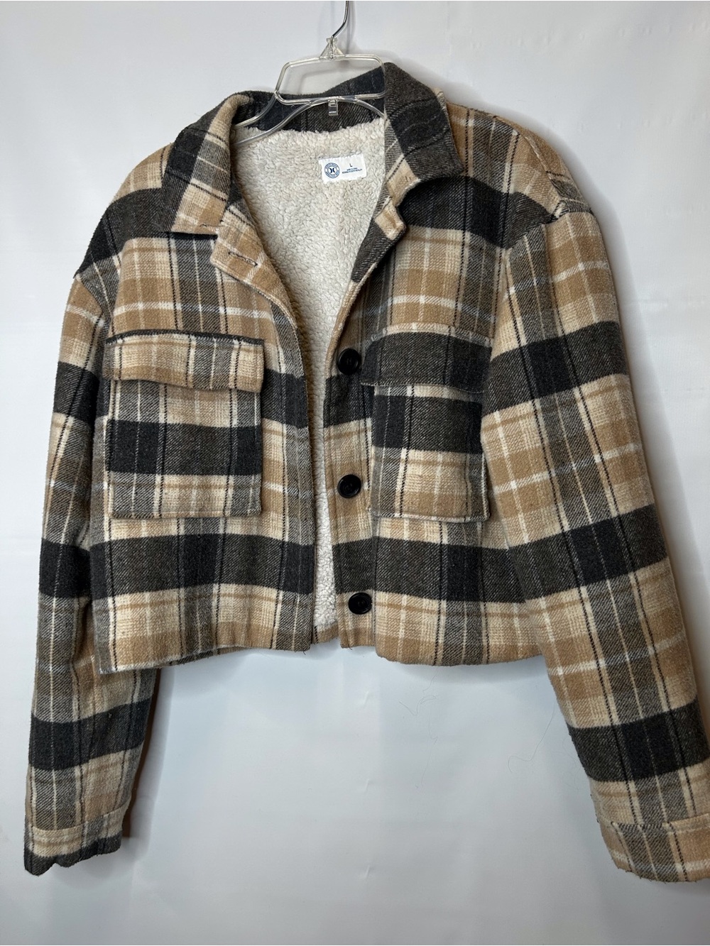 Hurley Plaid Teddy-Lined Cropped Jacket in Tan & Black